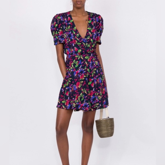 Saloni Wrap Dress Floral Puffy Short Sleeve Rayon Sz US 4 - Picture 2 of 15